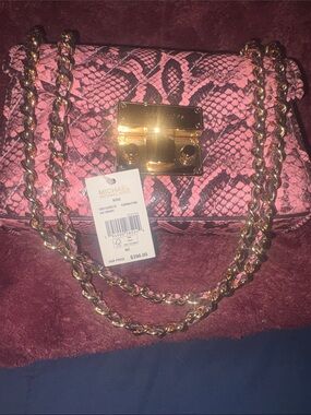 Michael Kors Pink Snake-Print Chain Crossbody Bag with Gold Hardware